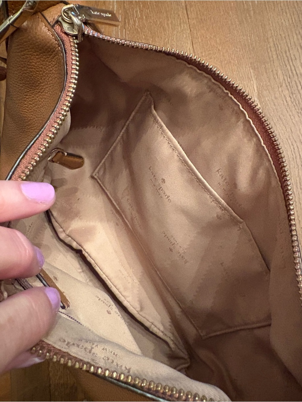 Kate Spade Tan Pebbled Leather Crossbody Bag with long adjustable striped strap - Picture 11 of 11